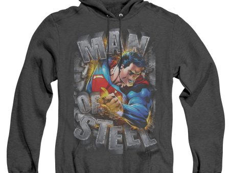 SUPERMAN : RIPPING STEEL ADULT HEATHER HOODIE BLACK 2X For Cheap