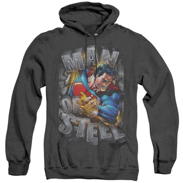 SUPERMAN : RIPPING STEEL ADULT HEATHER HOODIE BLACK 2X For Cheap