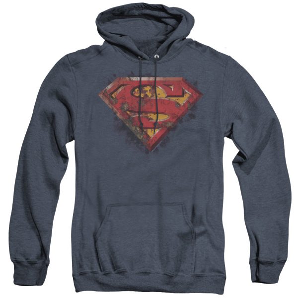 SUPERMAN : RUSTED SHIELD ADULT HEATHER HOODIE NAVY SM Sale